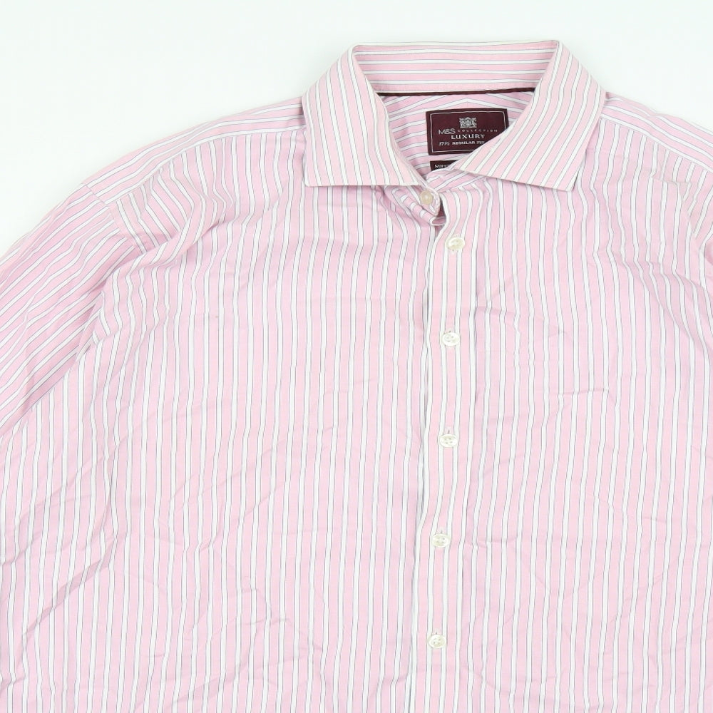 Marks and Spencer Mens Pink Striped   Dress Shirt Size 17.5  - Double Cuffed