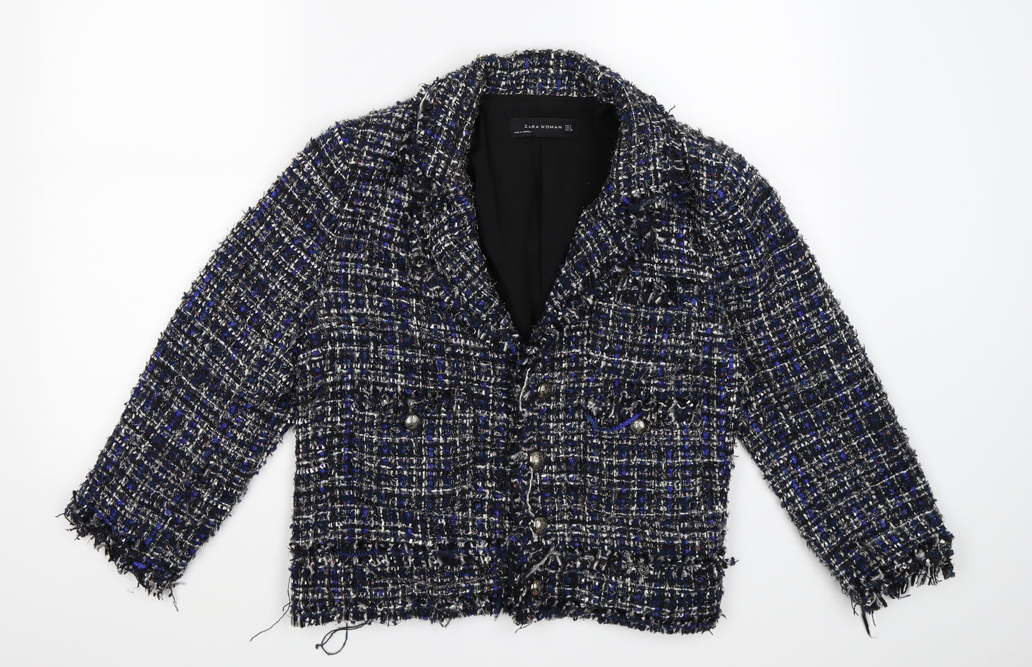 Zara Womens Blue Check Knit Jacket Blazer Size L