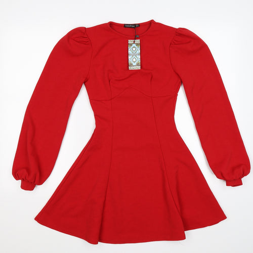 Boohoo Womens Red   Skater Dress  Size 8  - PUFF SLEEVE