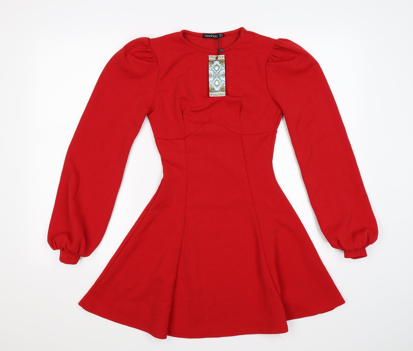 Boohoo Womens Red   Skater Dress  Size 8  - PUFF SLEEVE