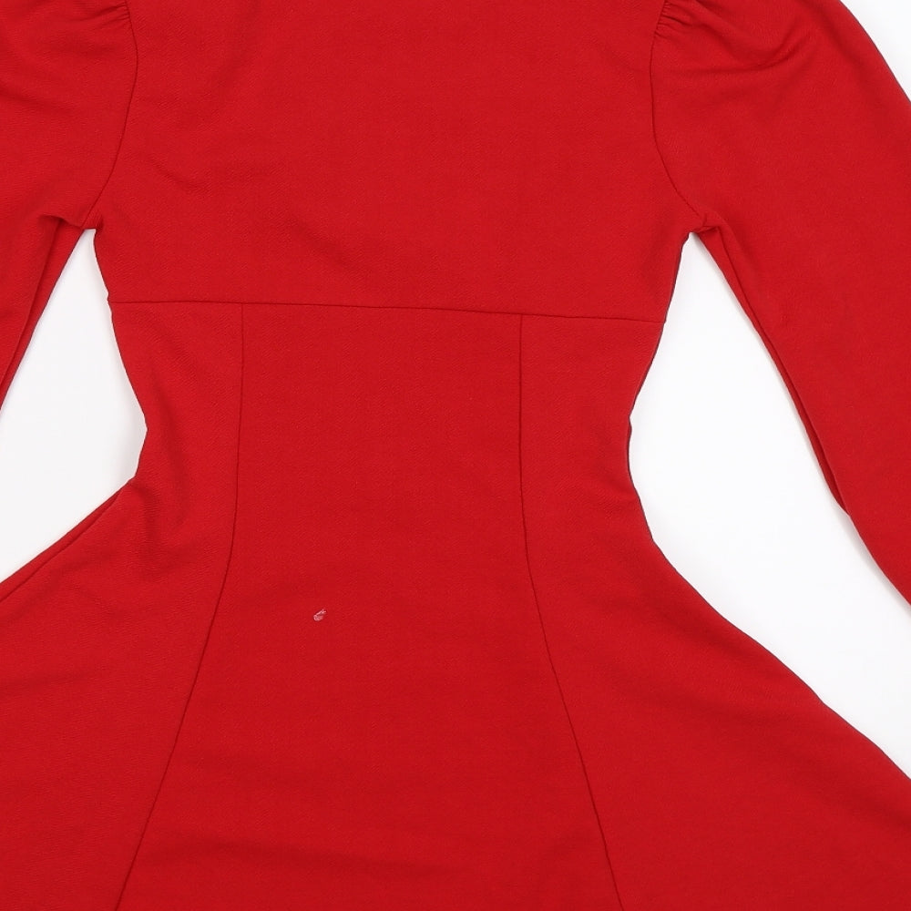 Boohoo Womens Red   Skater Dress  Size 8  - PUFF SLEEVE