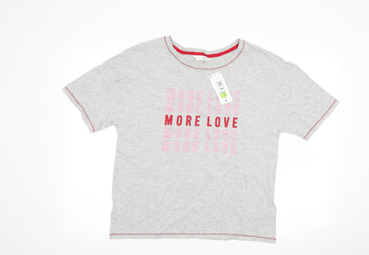 Front view of Marks & Spencer women’s grey top pyjama top, size UK 12, - slogan