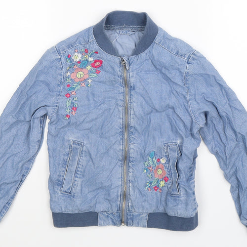 Preworn Girls Blue Floral Denim Bomber Jacket Jacket Size S