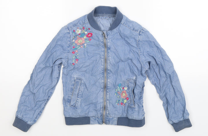 Preworn Girls Blue Floral Denim Bomber Jacket Jacket Size S