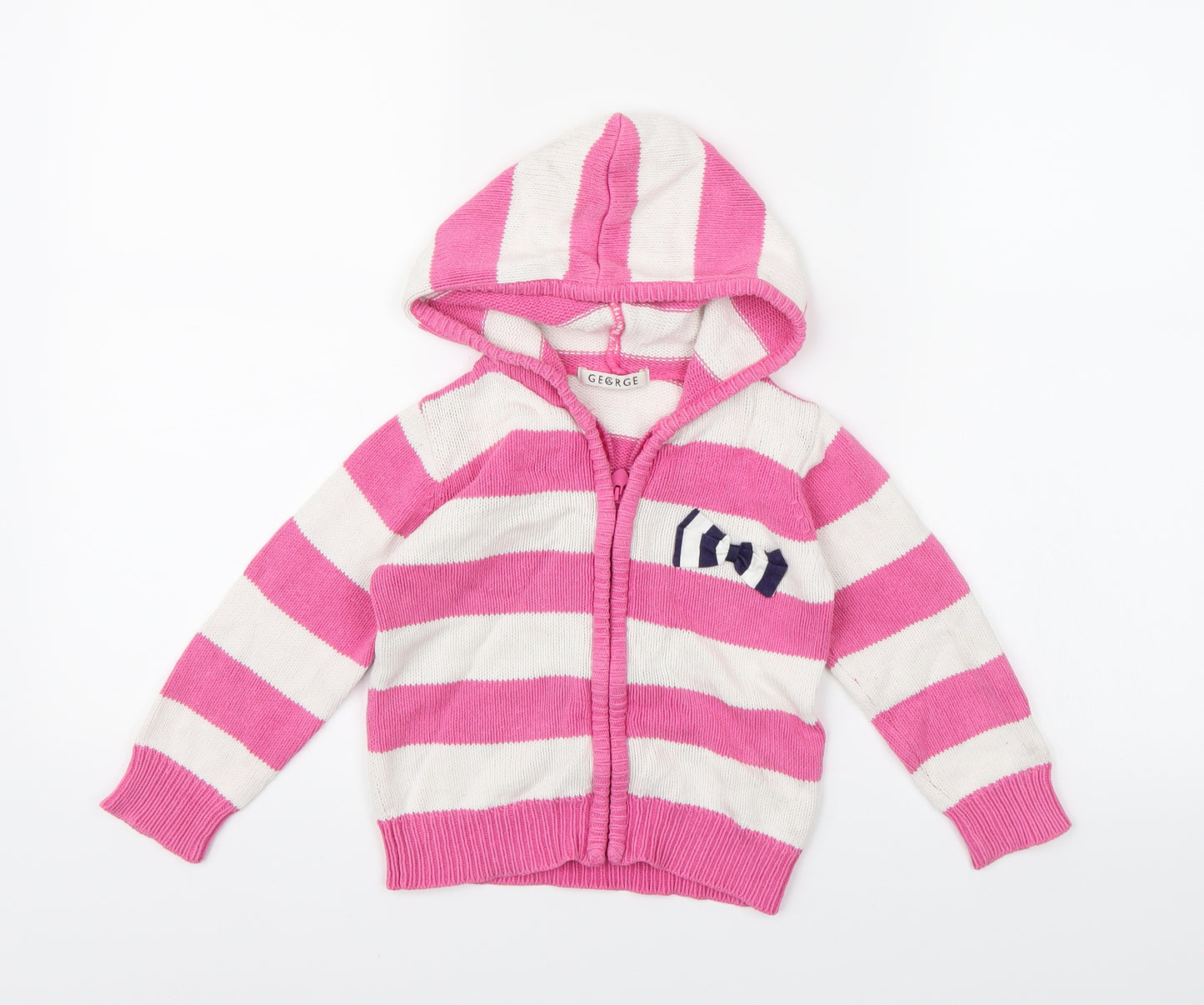 George Girls Pink Striped Knit Full Zip Hoodie Size 2-3 Years