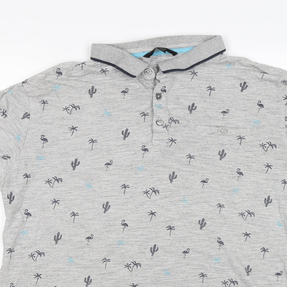 geo Mens Grey Striped   Polo Size L  - flamingo palm tree