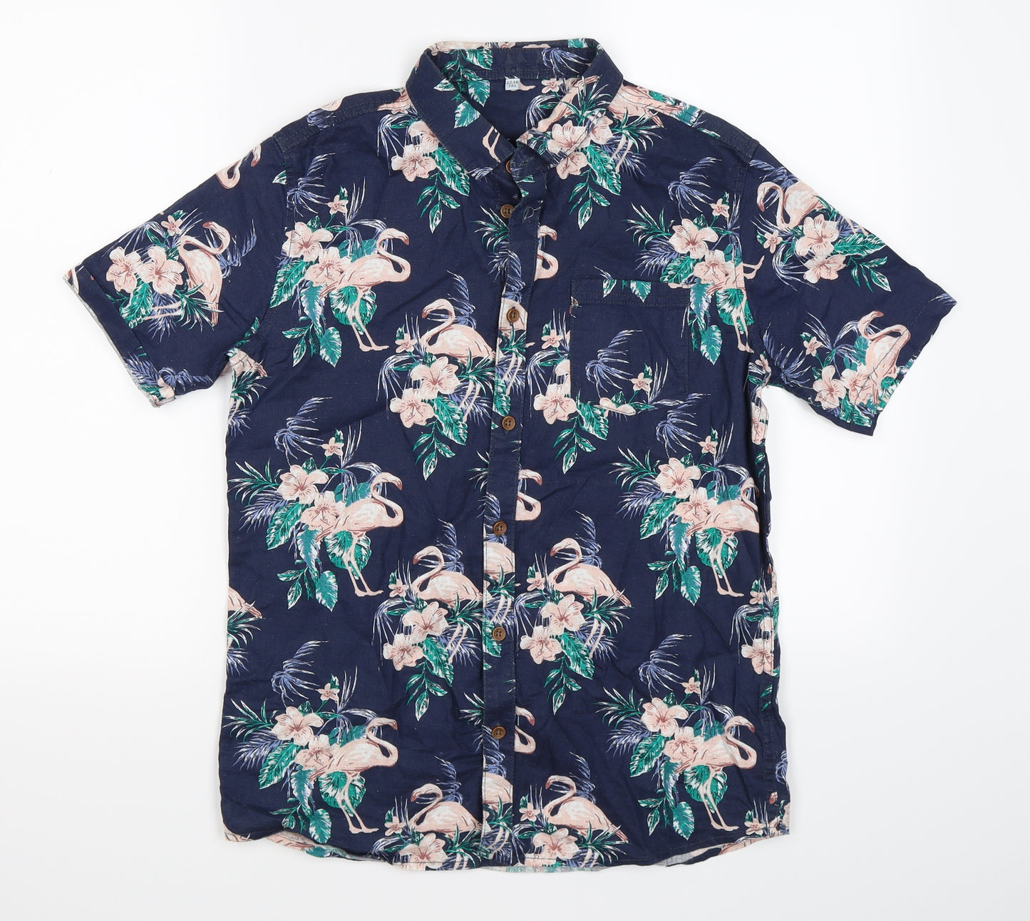 Marks and Spencer Boys Blue Floral  Basic Button-Up Size 13-14 Years  - flamingo