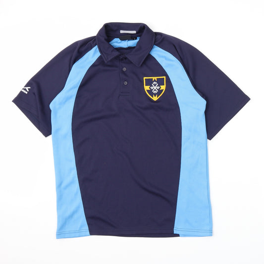Front view of Akoa men’s blue polo, size M