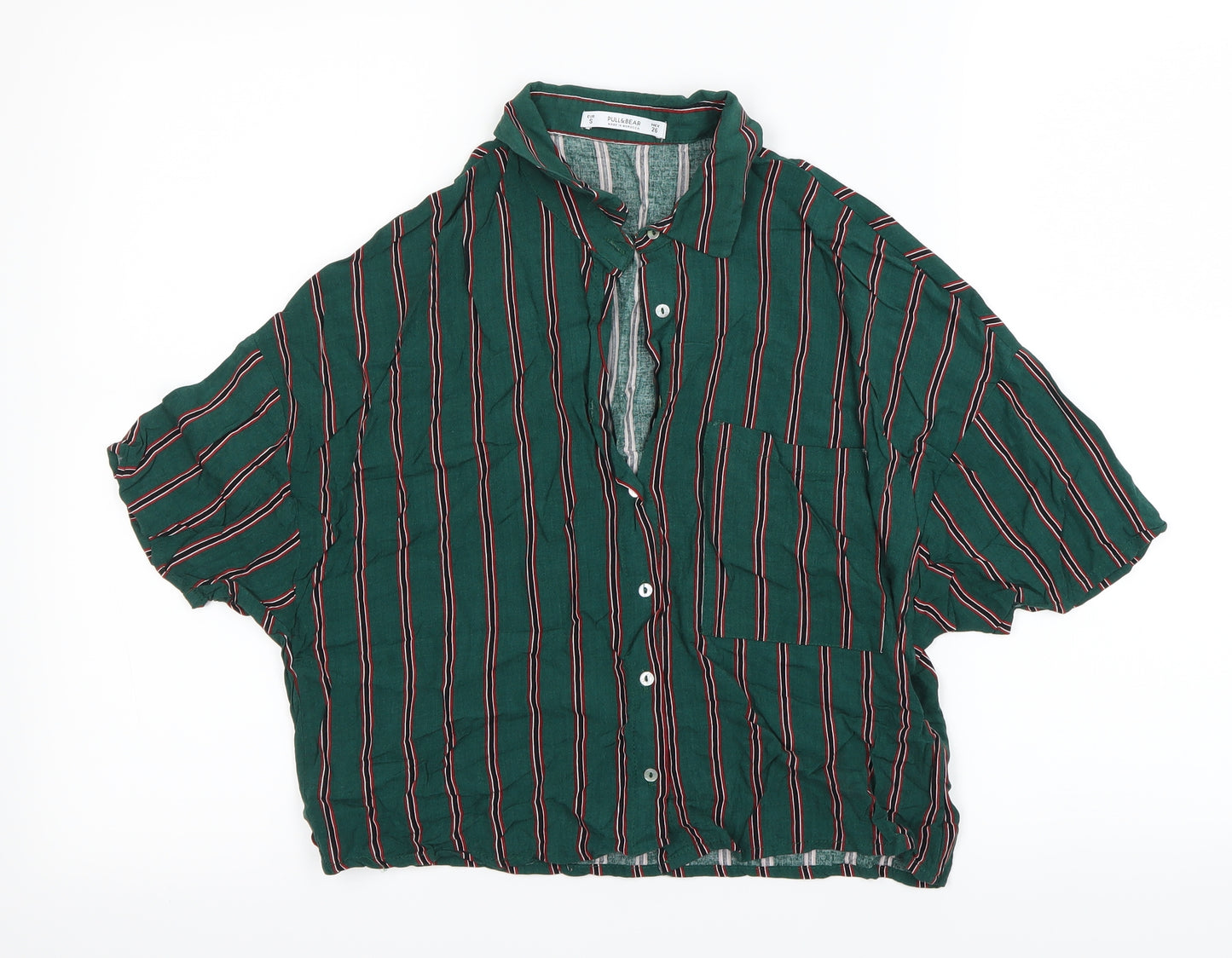 Pull&Bear Womens Green Striped  Basic Button-Up Size S