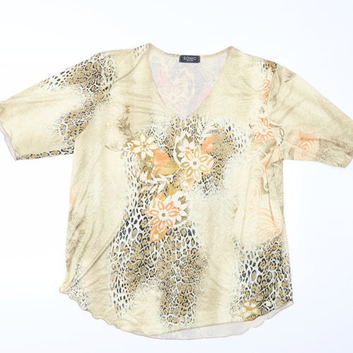 Sonic Collection Womens Beige Floral  Basic T-Shirt Size L