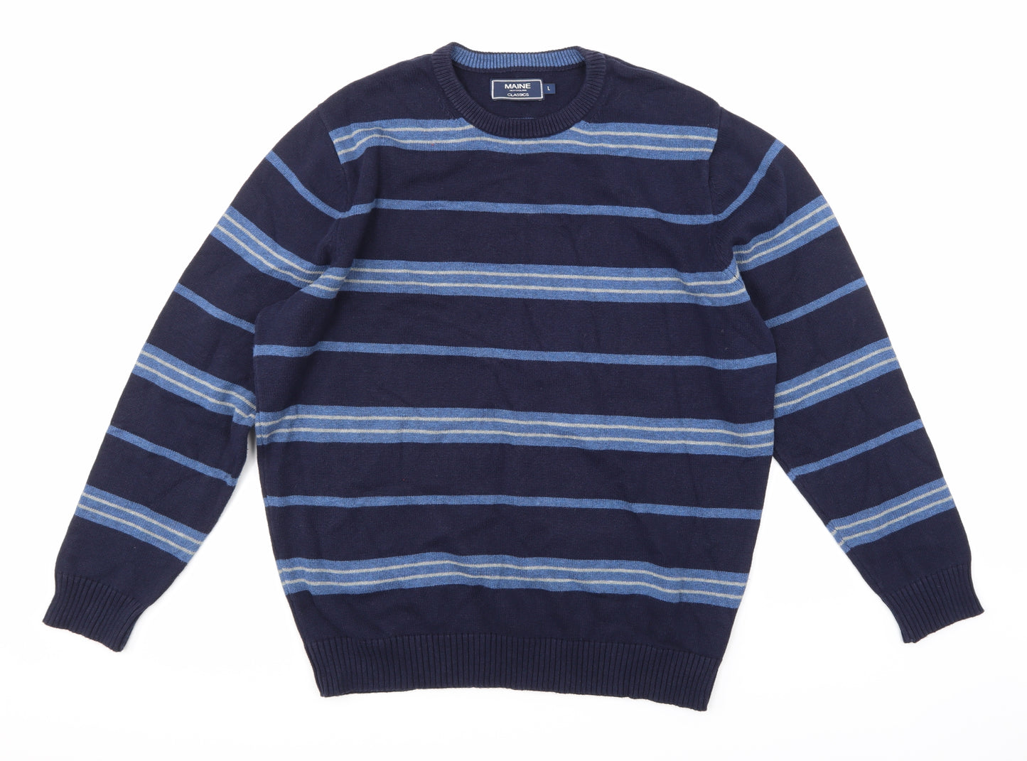 Maine Mens Blue Striped Knit Pullover Jumper Size L