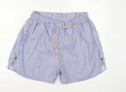 Front view of MissLook women’s blue striped sweat shorts, size 2XL