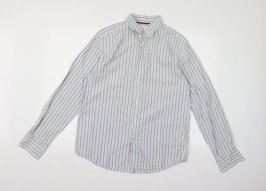 Front view of john ew men’s blue striped button-up, size M