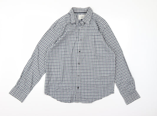 Front view of john kewis men’s blue check button-up, size L