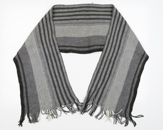 Front view of Preworn men’s grey striped knit scarf one size