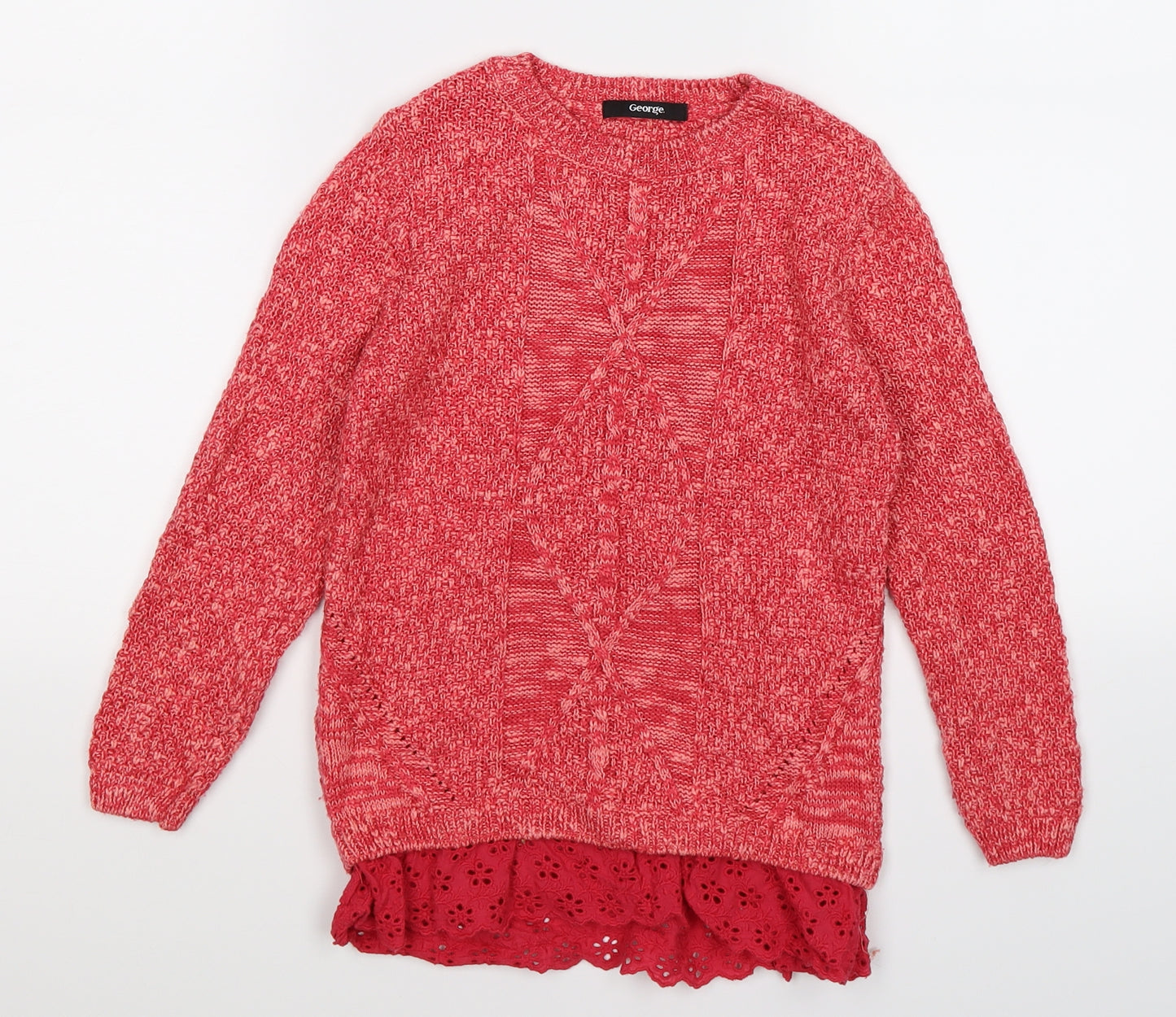George Girls Pink  Knit Pullover Jumper Size 7-8 Years  - mock crochet layer