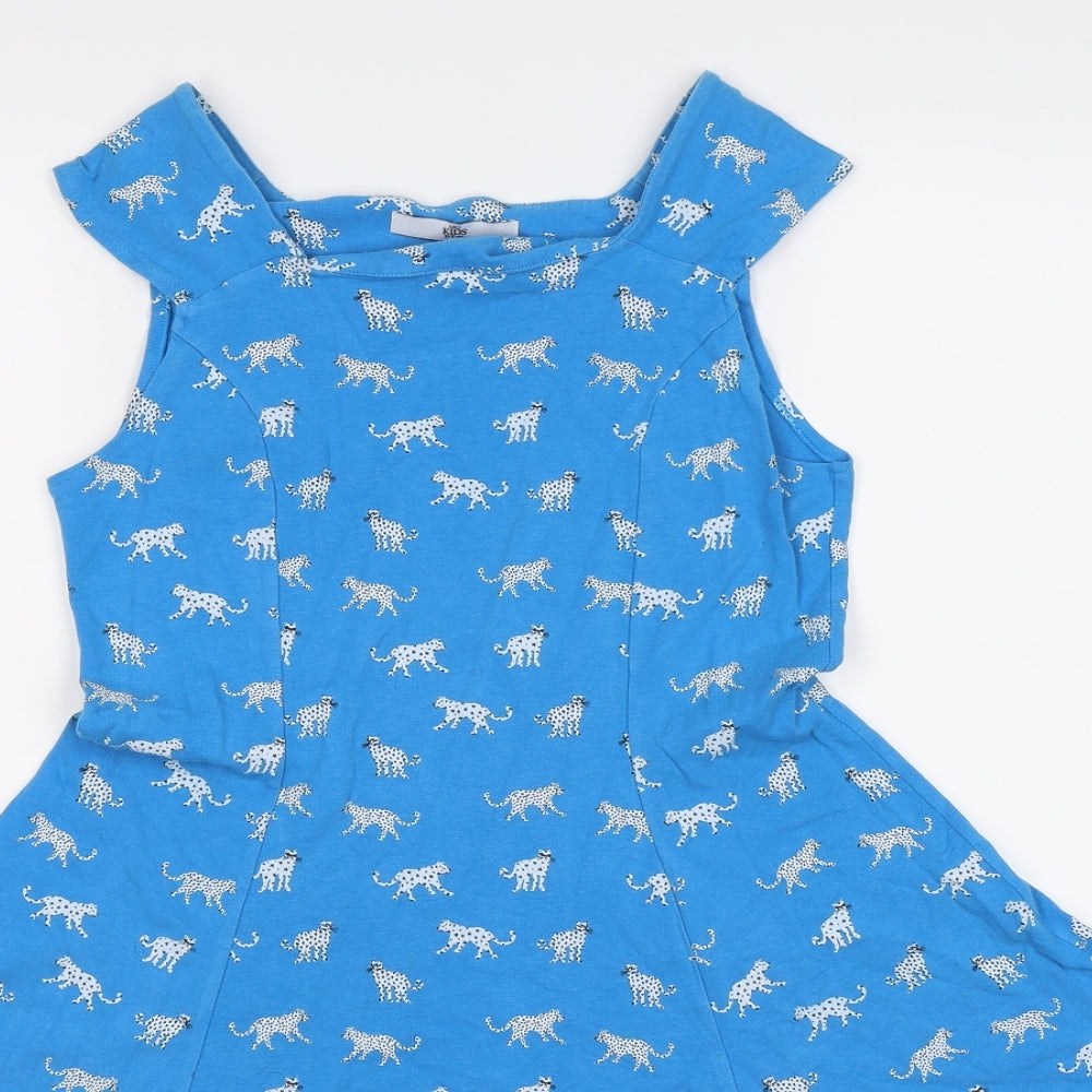 Marks and Spencer Girls Blue Animal Print Jersey Fit & Flare  Size 10-11 Years  - leopards