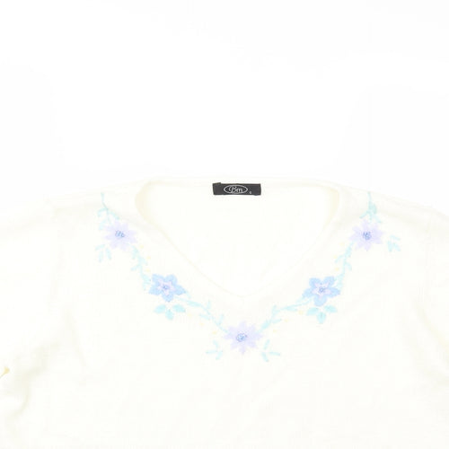 Bonmarché Womens White Floral Knit Pullover Jumper Size S