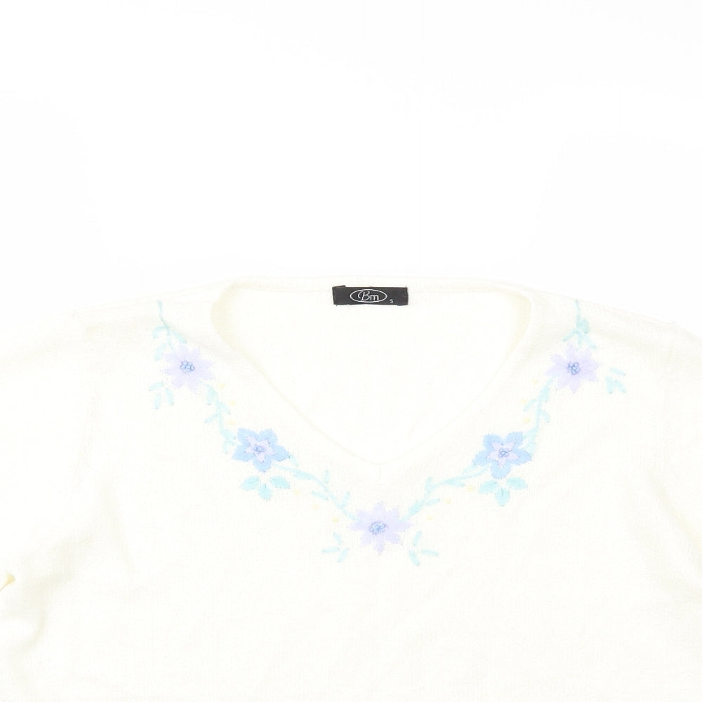Bonmarché Womens White Floral Knit Pullover Jumper Size S