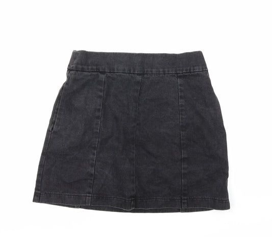 Front view of Preworn women’s black denim mini skirt, size UK 26, in