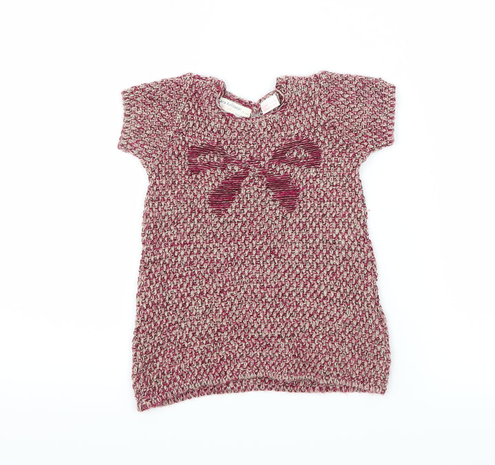 Zara Girls Pink Geometric Knit Jumper Dress Size 6-9 Months - Bow