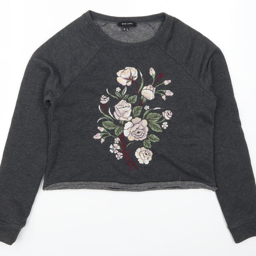 New Look Womens Grey Floral  Henley Sweatshirt Size 6