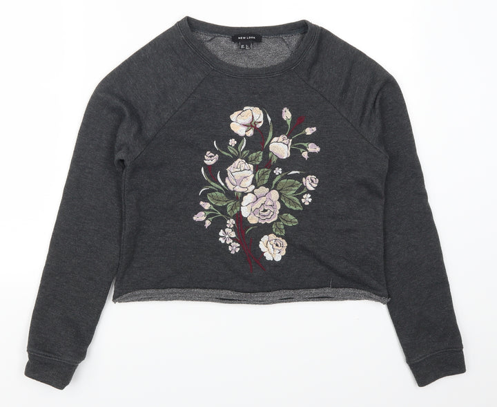 New Look Womens Grey Floral  Henley Sweatshirt Size 6