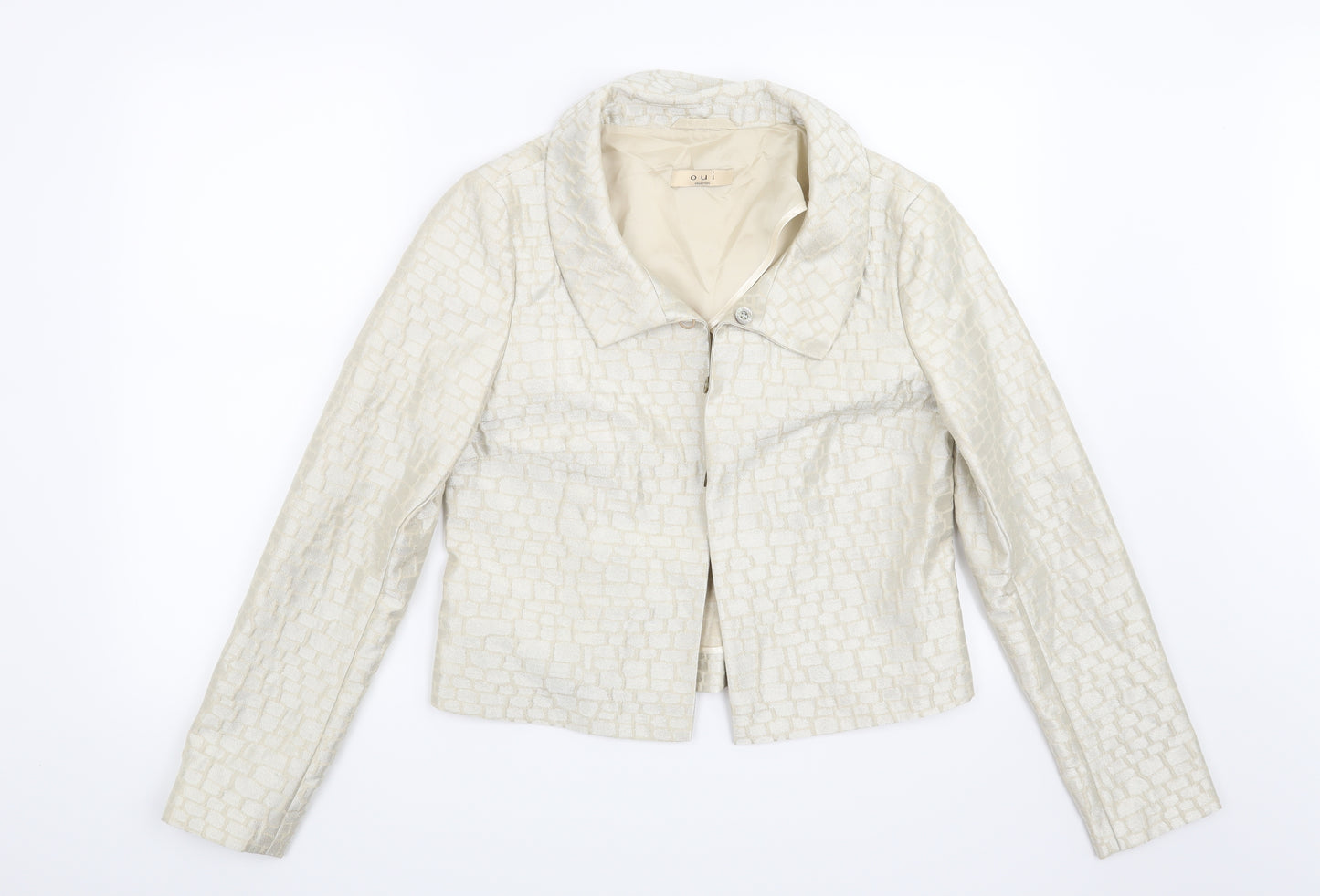 Oui Womens Beige Geometric  Jacket Blazer Size 12