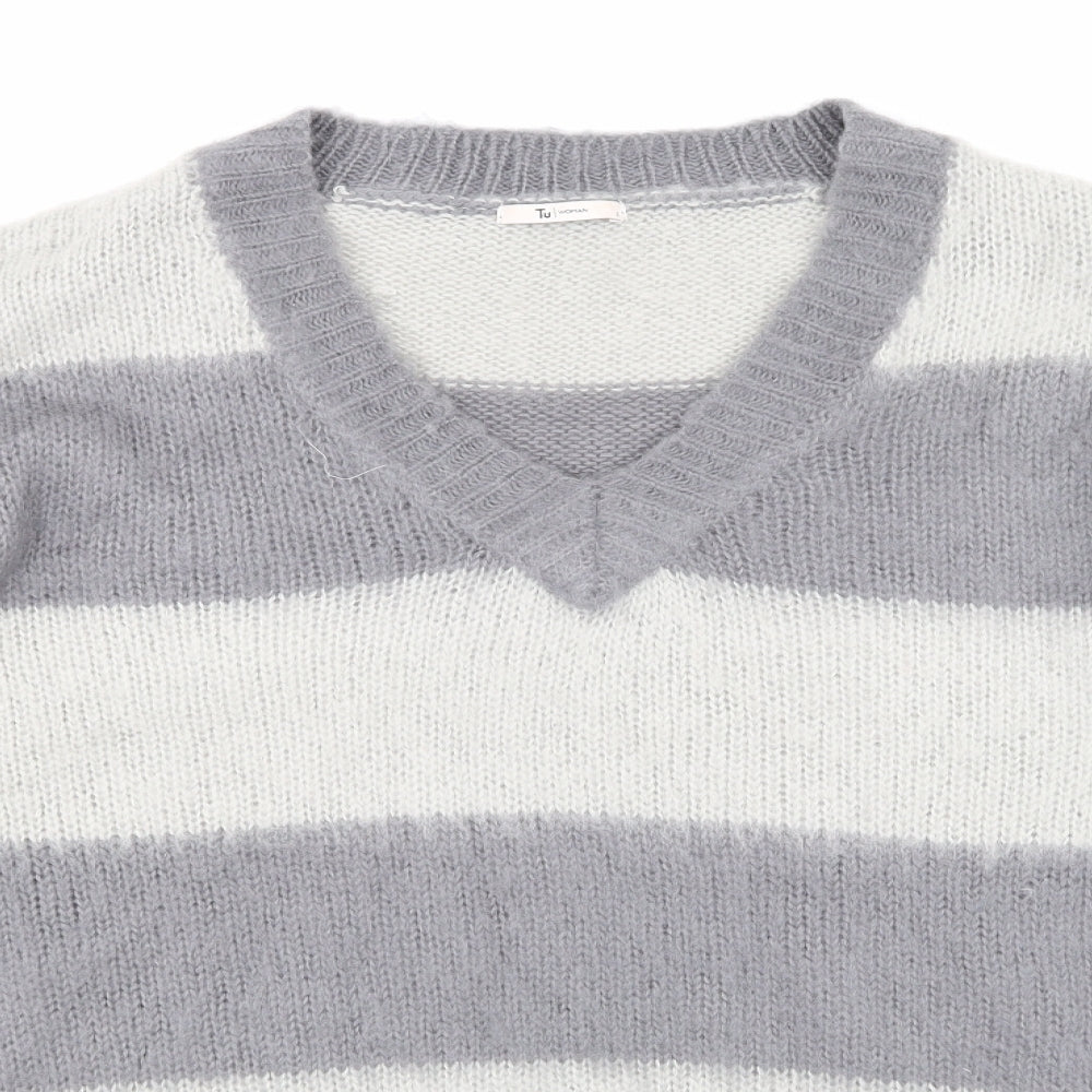 TU Womens Grey Striped Knit Pullover Jumper Size S