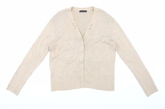 Front view of Linea women’s beige cardigan jumper, size L