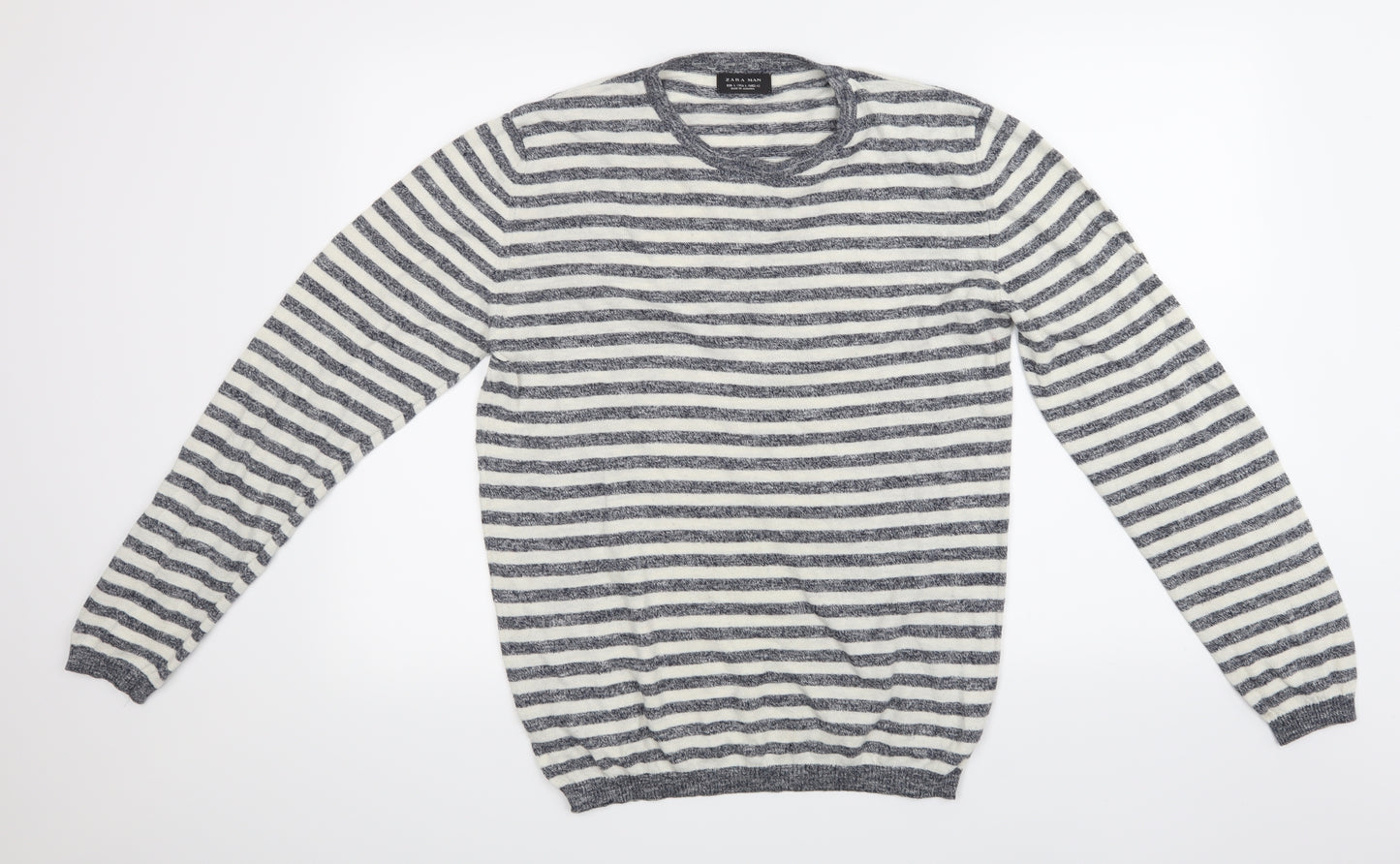 Zara Mens White Striped Knit Pullover Jumper Size L