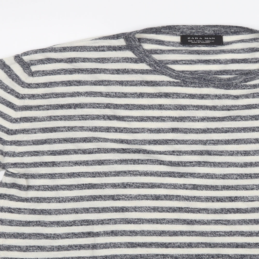 Zara Mens White Striped Knit Pullover Jumper Size L