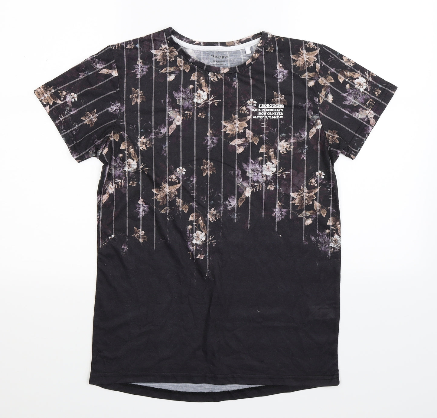 Primark Boys Black Floral  Basic T-Shirt Size 13-14 Years