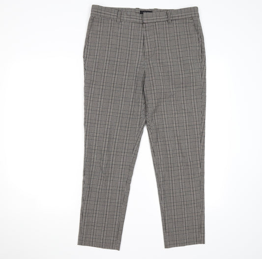 Front view of New Look men’s brown check dress pants trousers, size 32, 30-inch leg