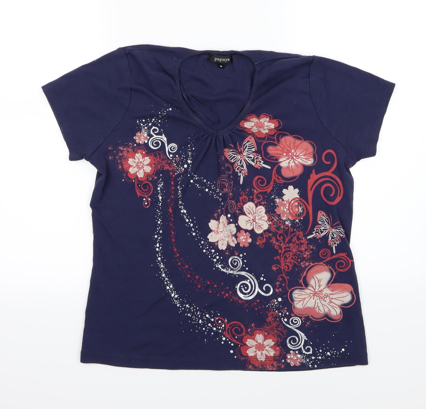 Papaya Womens Blue Floral Jersey Basic T-Shirt Size 16