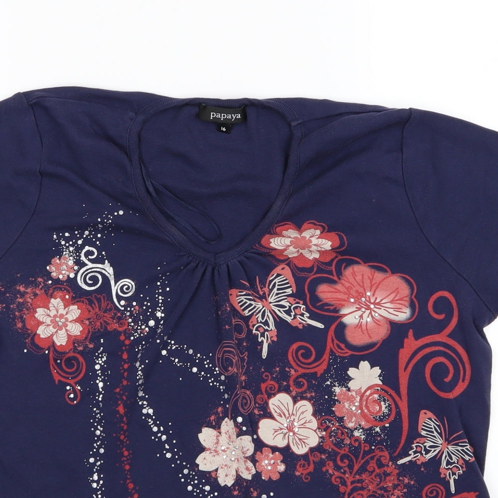 Papaya Womens Blue Floral Jersey Basic T-Shirt Size 16