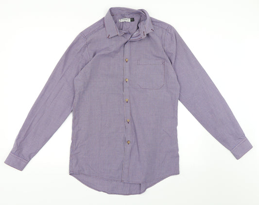 Front view of Topman men’s blue check button-up, size S