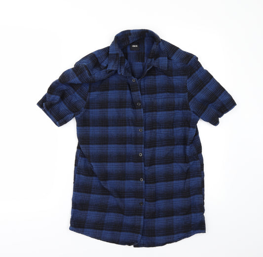 Front view of ASOS men’s blue check button-up, size S