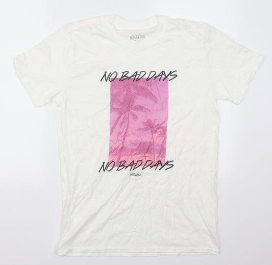 Front view of Nostalgic men’s white t-shirt, size M, - no bad days