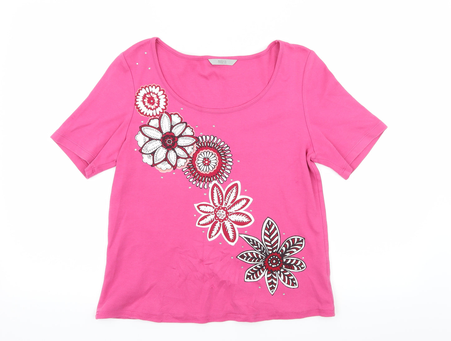 Marks and Spencer Womens Pink Floral Jersey Basic T-Shirt Size 12