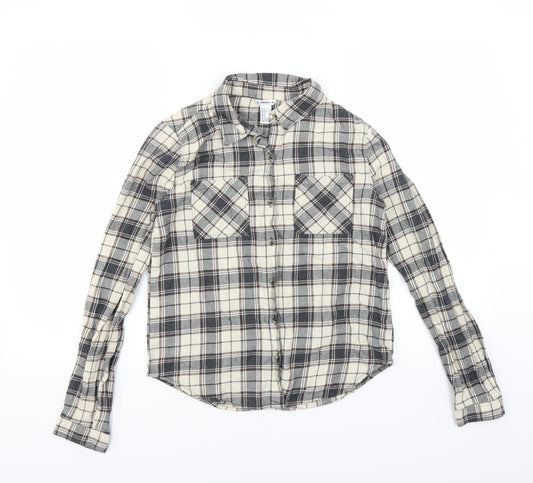 Front view of Forever 21 women’s grey plaid basic button-up, size S