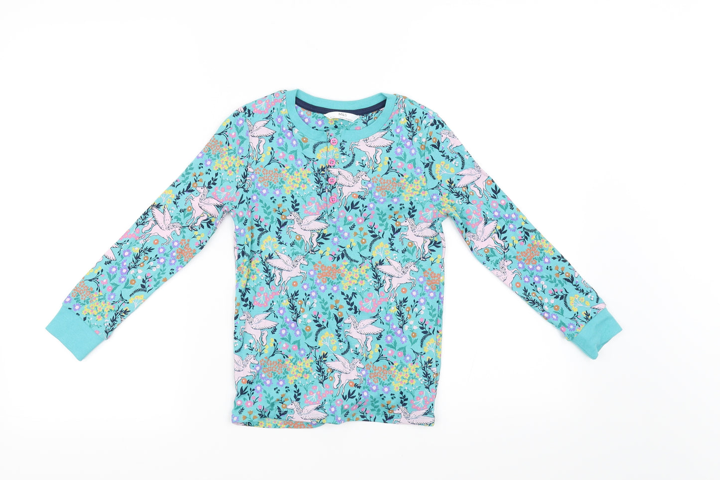 Marks and Spencer Girls Blue Floral  Basic T-Shirt Size 6-7 Years