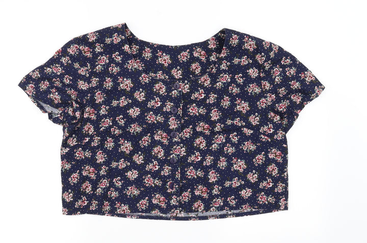Nightingales Womens Blue Floral Basic Button-Up Size 16