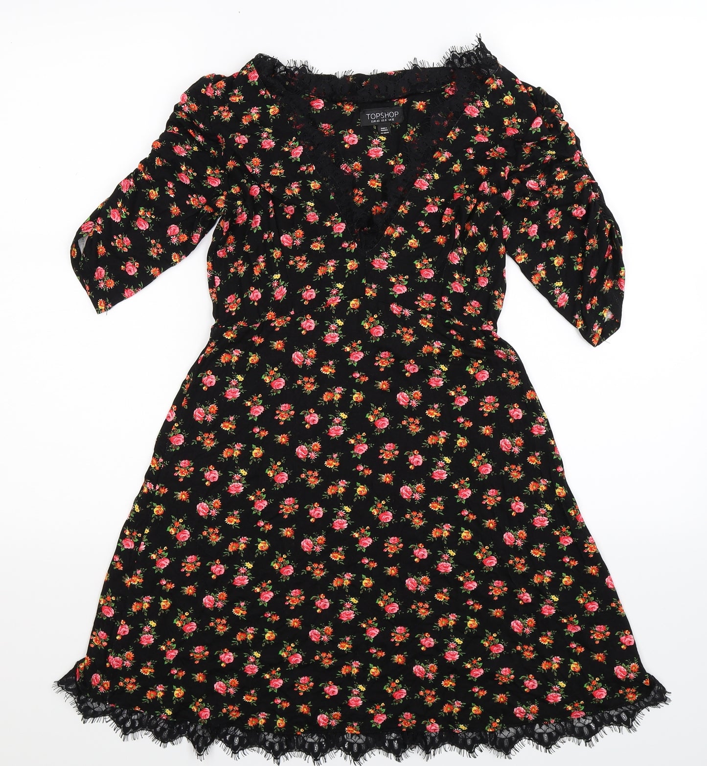 Topshop Womens Black Floral  Fit & Flare  Size 12