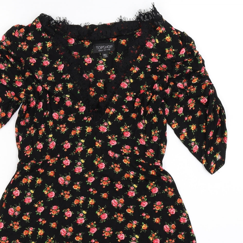 Topshop Womens Black Floral  Fit & Flare  Size 12