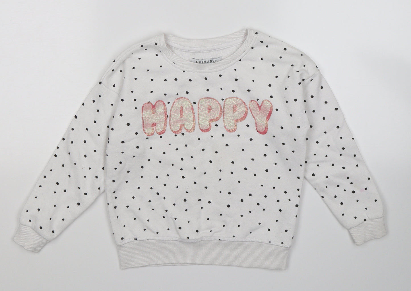 Primark Girls White Polka Dot Jersey Pullover Sweatshirt Size 5-6 Years  - Happy