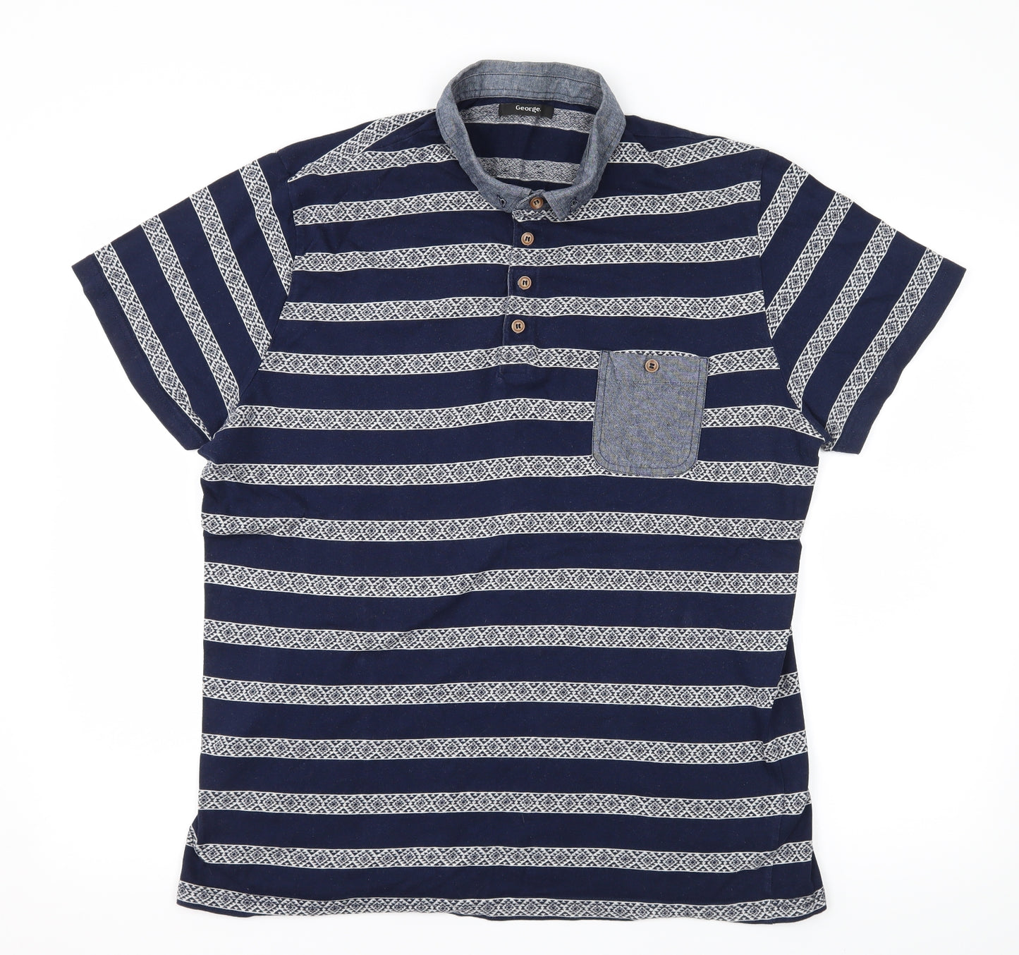 George Mens Blue Striped Jersey  Polo Size XL