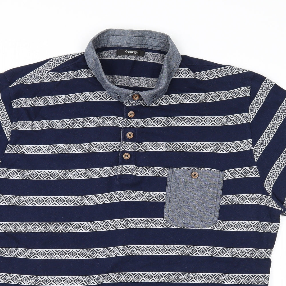 George Mens Blue Striped Jersey  Polo Size XL