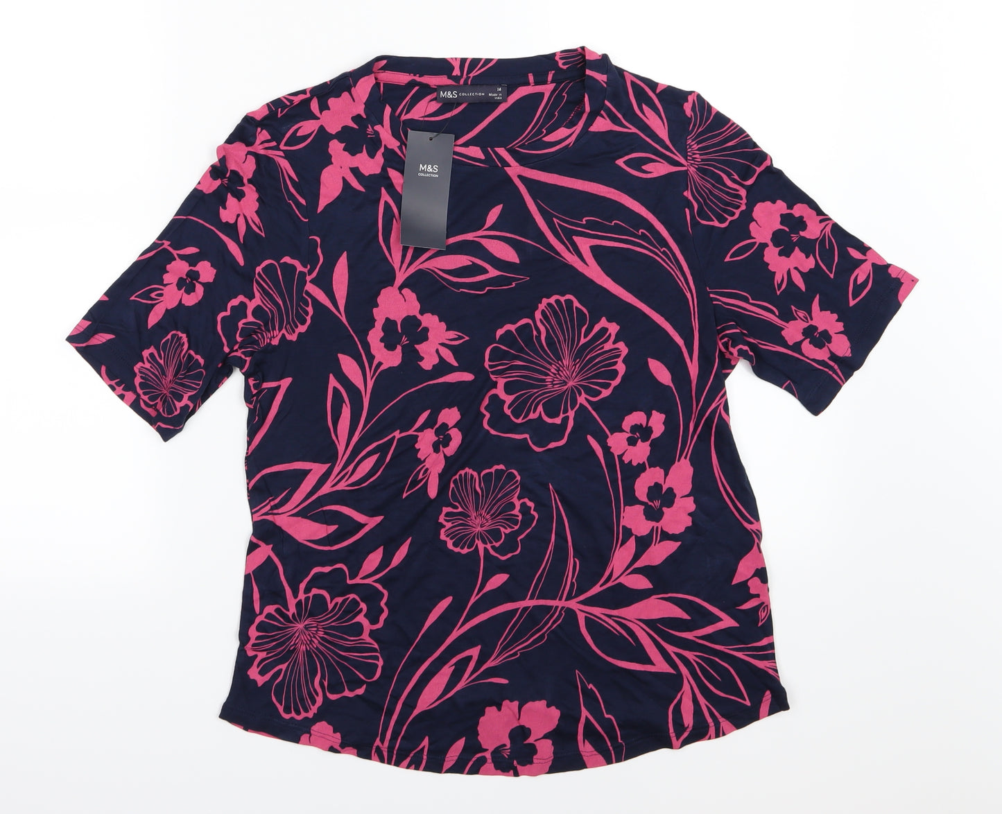 Marks and Spencer Womens Blue Floral Jersey Basic T-Shirt Size 14