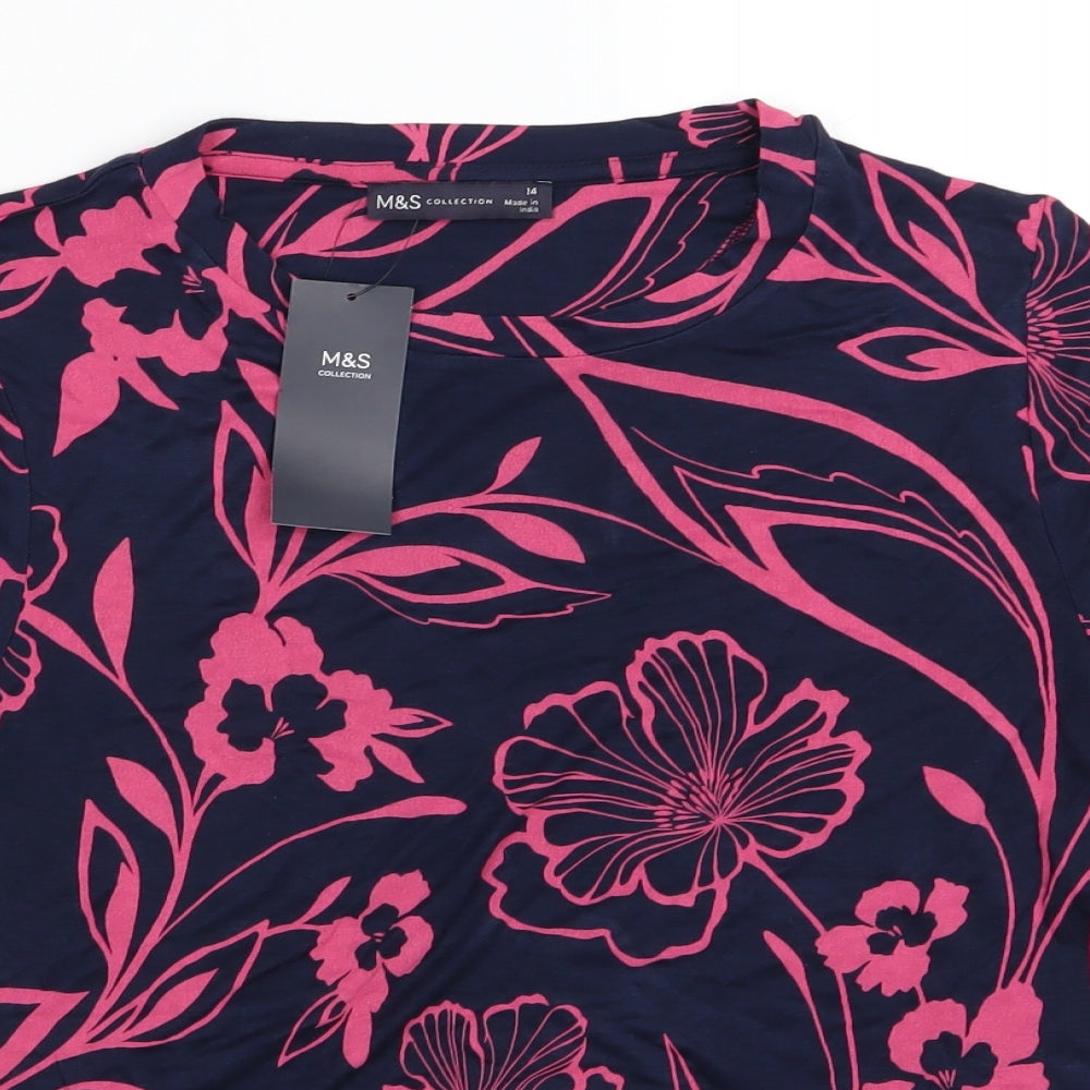 Marks and Spencer Womens Blue Floral Jersey Basic T-Shirt Size 14